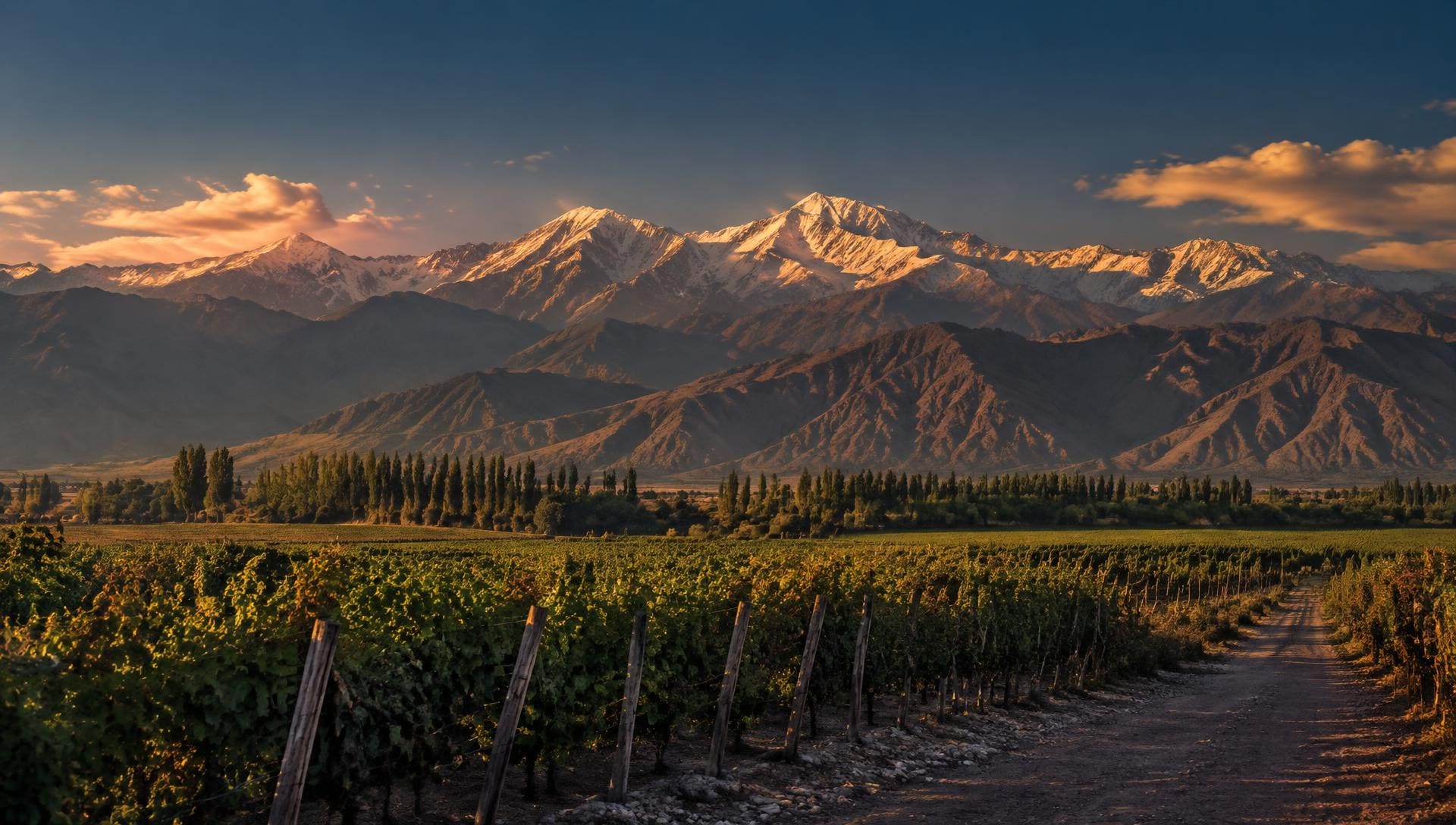 Cordillera de los Andes sobre los viñedos de Mendoza al atardecer