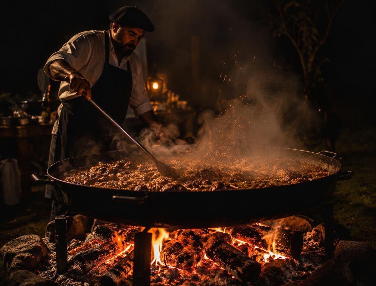 Cocción al disco con fuego en un servicio de catering Fogón Andino