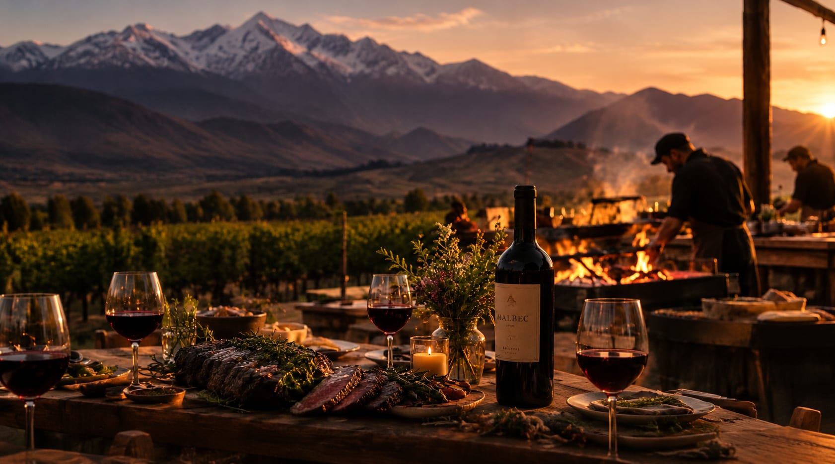 Mesa de catering al atardecer con vino Malbec y la cordillera de los Andes en Mendoza